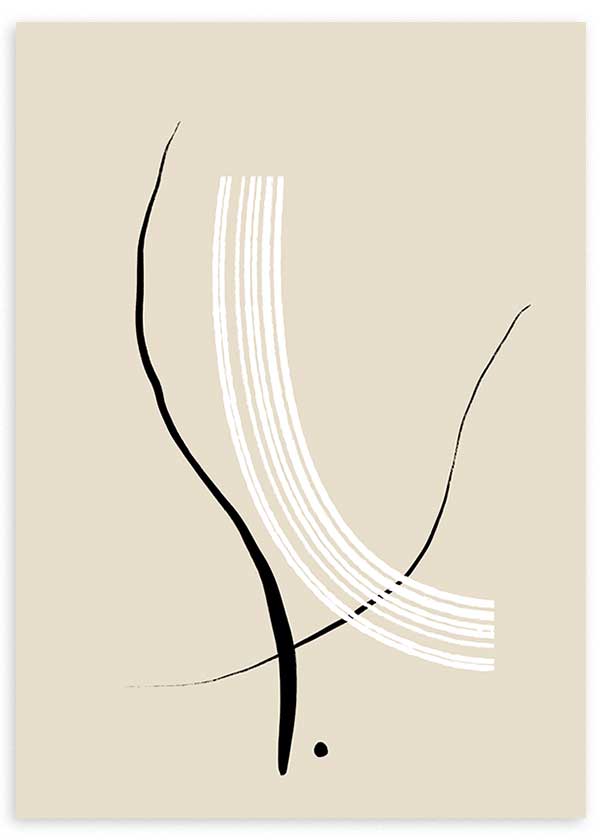 Quadro com linhas curvas pretas, arcos brancos sobrepostos, fundo bege claro e composição abstrata depurada de estilo contemporâneo para decoração de parede equilibrada. Disponível em kudeko.com