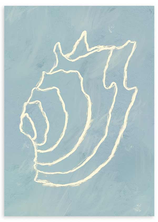 Tableau encadré avec coquillage marin en trait blanc sur fond bleu doux, lignes organiques, composition épurée et style minimaliste pour une décoration côtière apaisante. Disponible sur kudeko.com