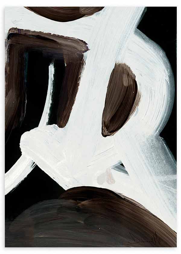 Tableau abstrait avec formes gestuelles blanches, noires et brun foncé, fond contrasté, lignes courbes et style contemporain sobre. Disponible sur kudeko.com
