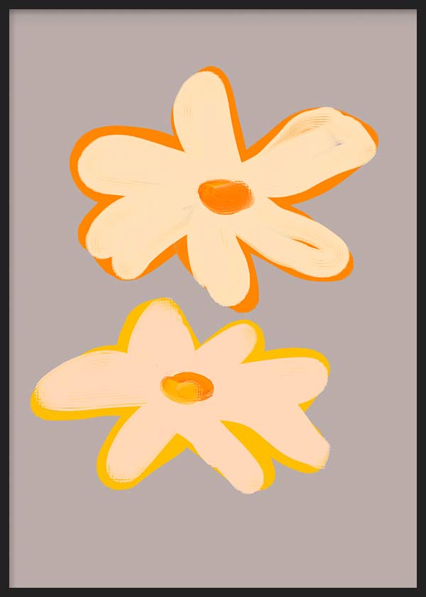 Quadro emoldurado com duas flores grandes em tons de creme, pêssego, laranja e amarelo sobre fundo cinzento taupe, em estilo de ilustração moderna. Disponível em kudeko.com
