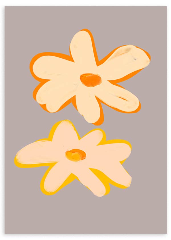 Quadro emoldurado com duas flores grandes em tons de creme, pêssego, laranja e amarelo sobre fundo cinzento taupe, em estilo de ilustração moderna. Disponível em kudeko.com