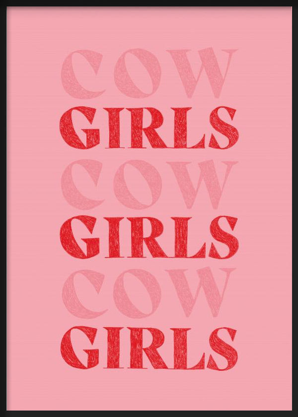 Cuadro ilustración tipográfica "COW GIRLS" en tonos rojos y rosados, tienda kudeko.com