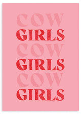 Cuadro ilustración tipográfica "COW GIRLS" en tonos rojos y rosados, tienda kudeko.com