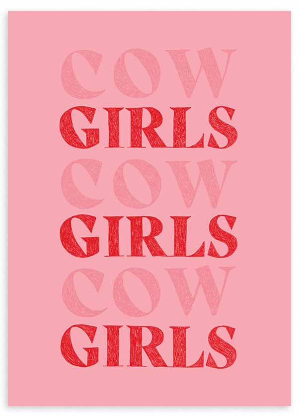 Cuadro ilustración tipográfica "COW GIRLS" en tonos rojos y rosados, tienda kudeko.com