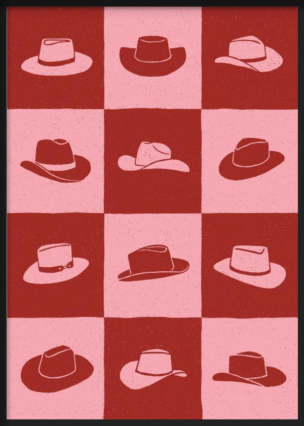 Cuadro con cuadrícula de sombreros vaqueros en bloques rosa y rojo terracota, composición gráfica de aire retro y estilo pop art. Disponible en kudeko.com