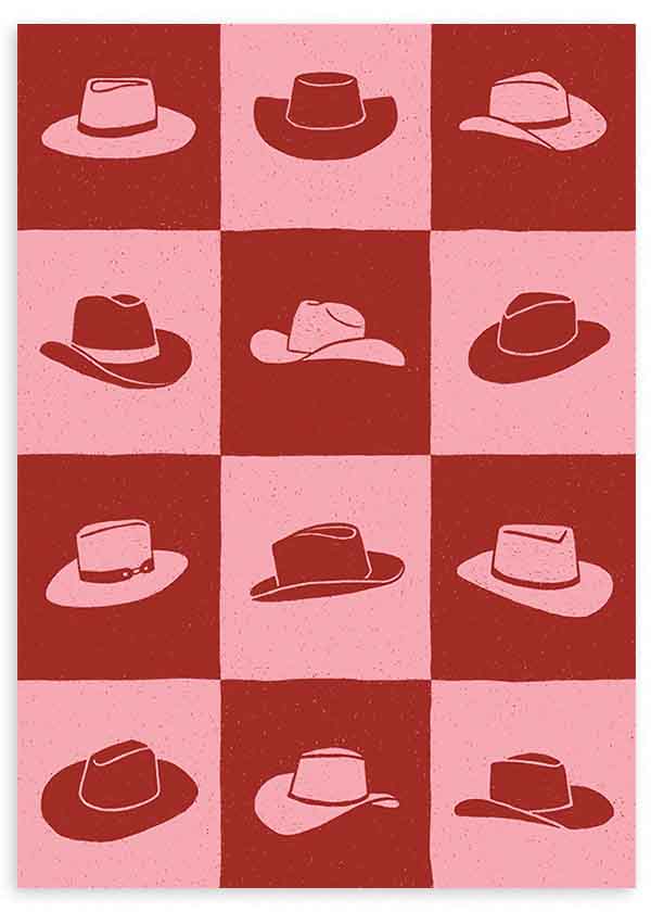 Tableau encadré avec grille de chapeaux de cowboy en blocs rose et rouge terre cuite, composition graphique rétro de style pop art pour décoration murale. Disponible sur kudeko.com