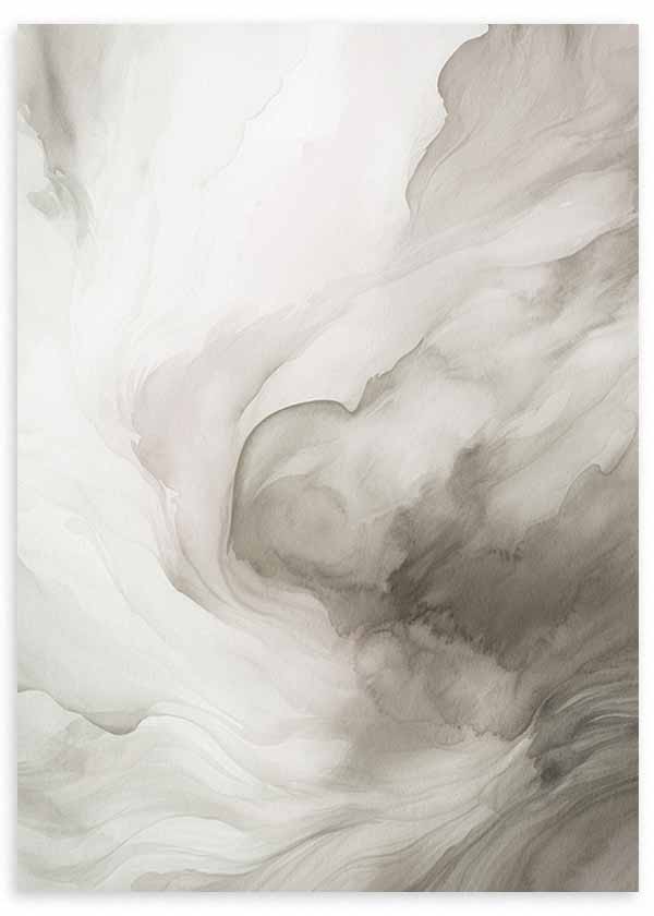 Tableau avec composition abstraite de formes fluides en beige, gris fumée, ivoire et sable, finition douce et style abstrait organique pour décoration murale. Disponible sur kudeko.com