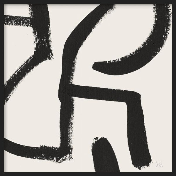 Cuadro cuadrado con composición de líneas curvas negras, formas amplias de alto contraste y fondo blanco roto, de estilo abstracto. Disponible en kudeko.com
