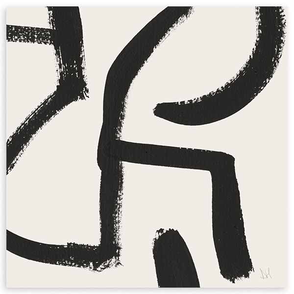 Cuadro cuadrado con composición de líneas curvas negras, formas amplias de alto contraste y fondo blanco roto, de estilo abstracto. Disponible en kudeko.com