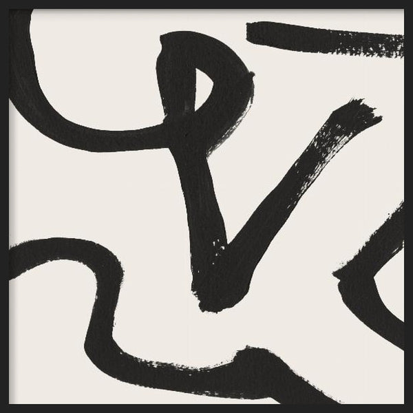 Cuadro cuadrado con líneas negras curvas, trazos amplios y composición abstracta sobre fondo blanco roto, de estilo abstracto. Disponible en kudeko.com