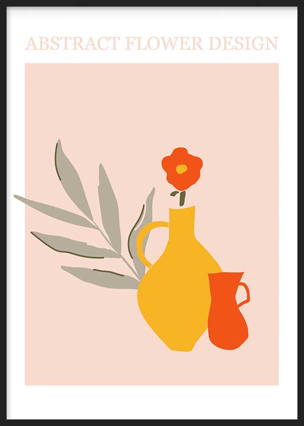 Wandbild mit senfgelben und terrakottaorangen Vasen, roter Blüte, graugrünen Blättern, puderrosa Hintergrund und floralem minimalistischem Stil für moderne Räume. Erhältlich auf kudeko.com