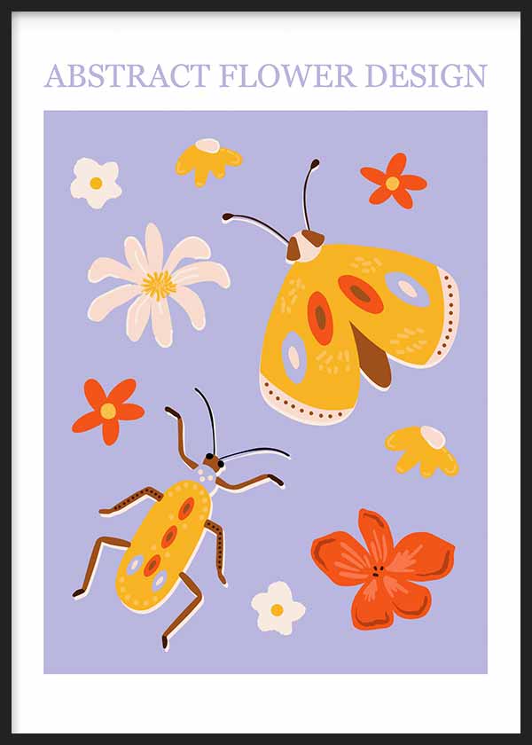 Gerahmtes Wandbild mit gelben Insekten und Blumen in Orange, Weiß und Braun auf lila Hintergrund, schlichte Komposition im kindlichen Stil für Kinderzimmer oder Spielecke. Erhältlich auf kudeko.com