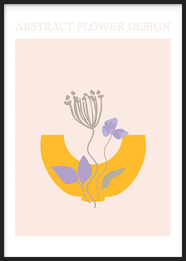 Cuadro con flores abstractas de tallos finos, hojas lilas y grises, forma mostaza y fondo rosa suave, de estilo abstracto. Disponible en kudeko.com