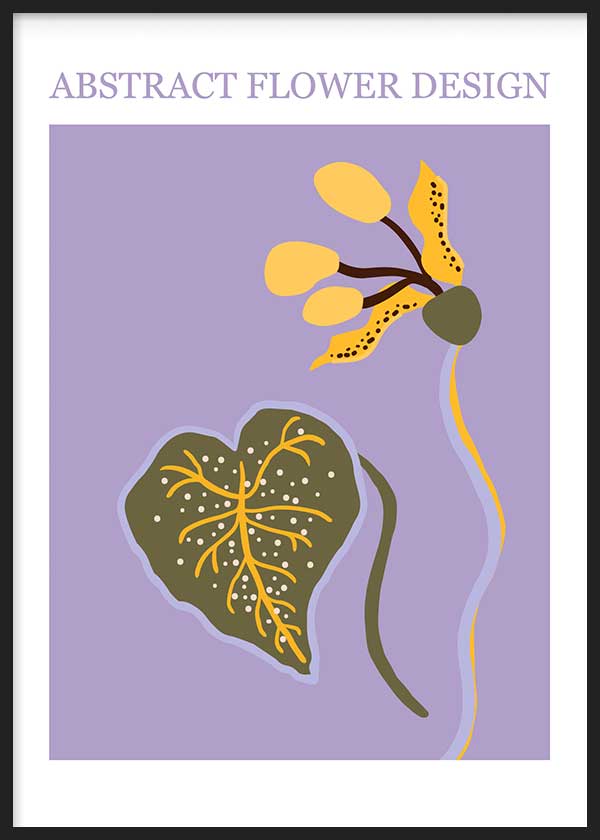 Wandbild mit abstrakter Blüte und botanischem Blatt in Lila, Senfgelb, Olivgrün und Dunkelbraun, im klaren dekorativen Illustrationsstil gestaltet. Erhältlich auf kudeko.com