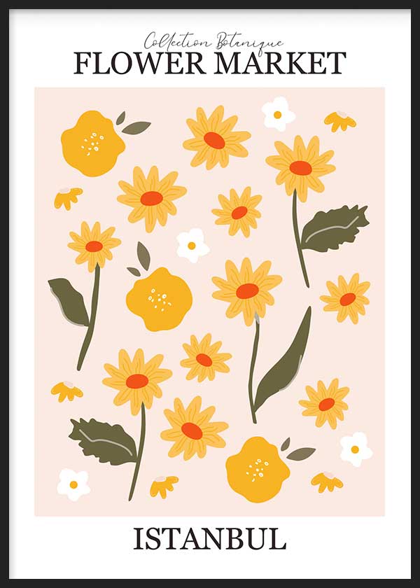 Gerahmtes Wandbild mit gelben und weißen Blumen, olivgrünen Blättern, altrosa Hintergrund, dekorativer Schrift und botanischem Illustrationsstil. Erhältlich auf kudeko.com