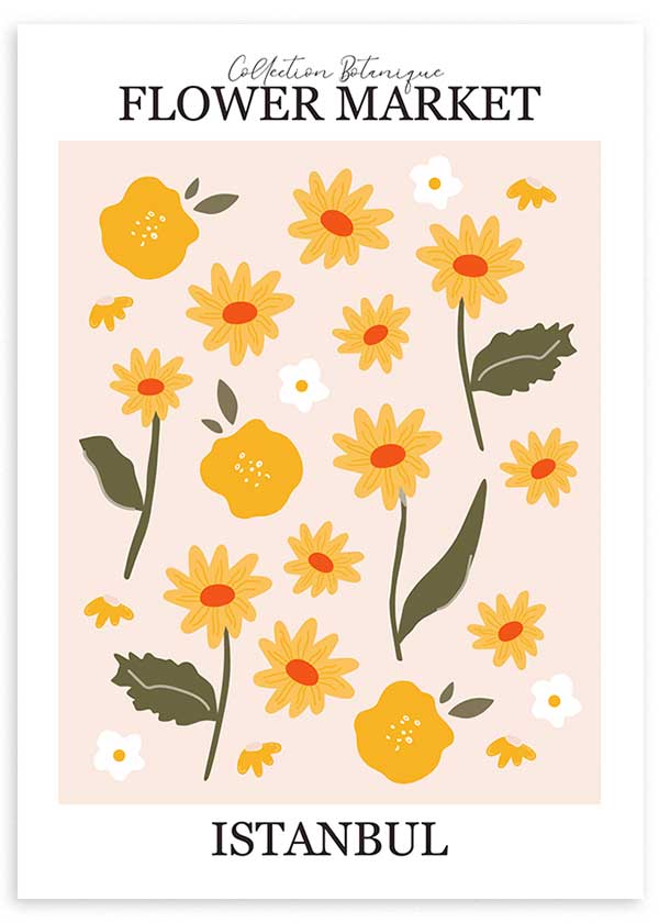 Gerahmtes Wandbild mit gelben und weißen Blumen, olivgrünen Blättern, altrosa Hintergrund, dekorativer Schrift und botanischem Illustrationsstil. Erhältlich auf kudeko.com