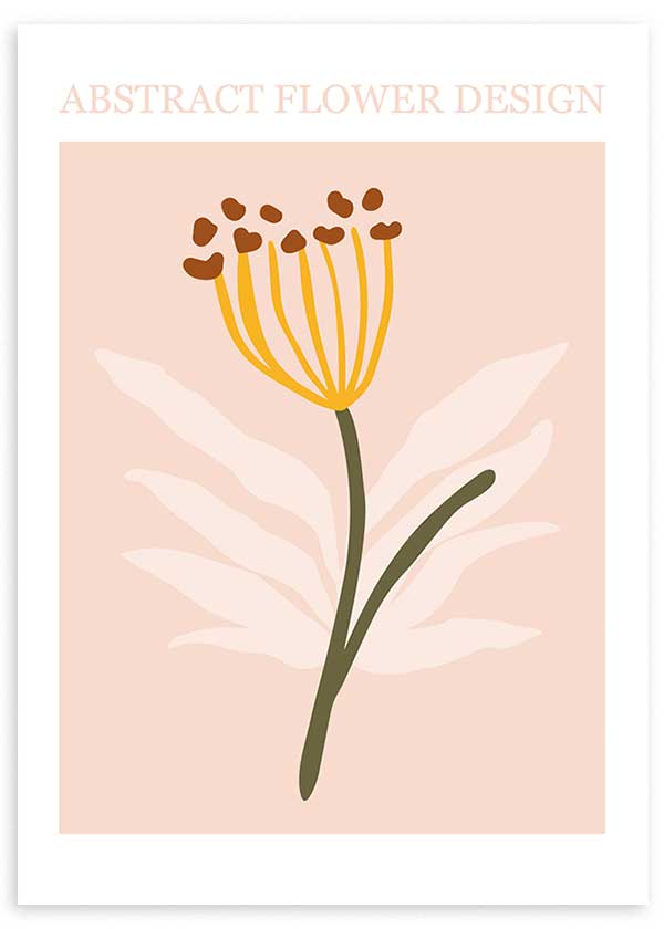 Quadro com flor abstrata, caule verde, filamentos amarelos, detalhes castanhos e folhas brancas sobre fundo rosa empoeirado, em estilo floral contemporâneo. Disponível em kudeko.com