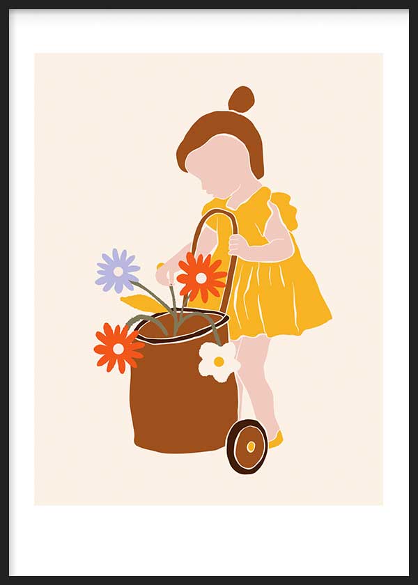 Wandbild mit Kinderillustration eines Mädchens im gelben Kleid, braunem Wagen und Blumen in Rot, Lila, Weiß und Senfgelb auf sanft beigem Hintergrund, im hellen und liebevollen Stil. Erhältlich auf kudeko.com