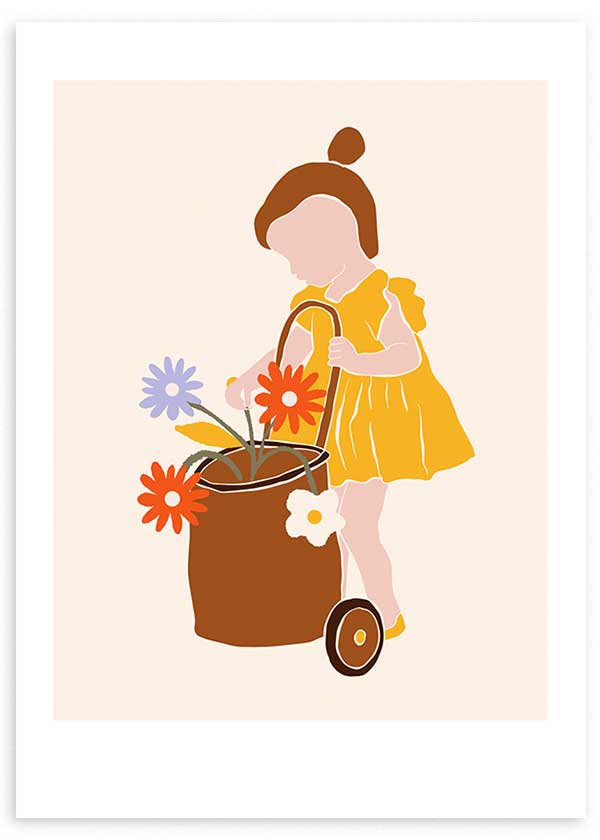 Cuadro infantil de ilustración artística de niña jugando con carrito y flores. Una obra ideal para habitaciones de niños y niñas o de los más peques