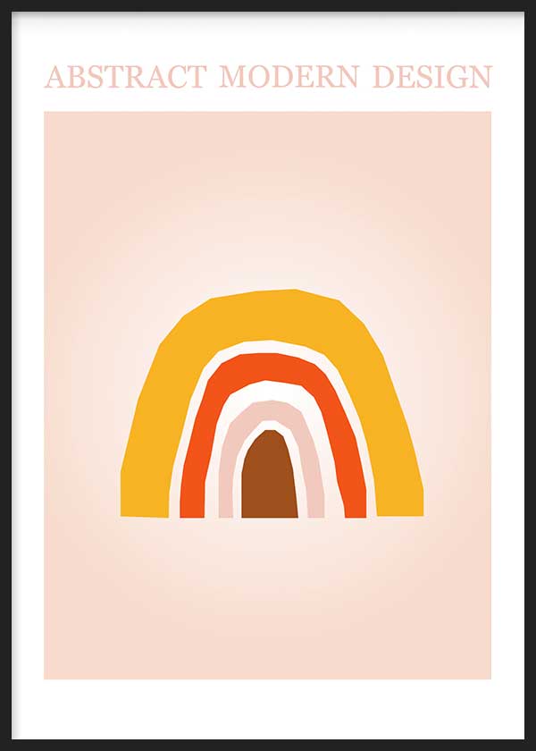 Gerahmtes Wandbild mit abstraktem Regenbogen in Senfgelb, Orange, Weiß, Hellrosa und Braun auf puderrosa Hintergrund, im kindlichen und modernen Stil. Erhältlich auf kudeko.com
