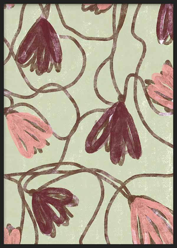Tableau encadré avec fleurs retombantes en bordeaux, rose poudré et brun sur fond vert doux, composition organique au style floral épuré. Disponible sur kudeko.com