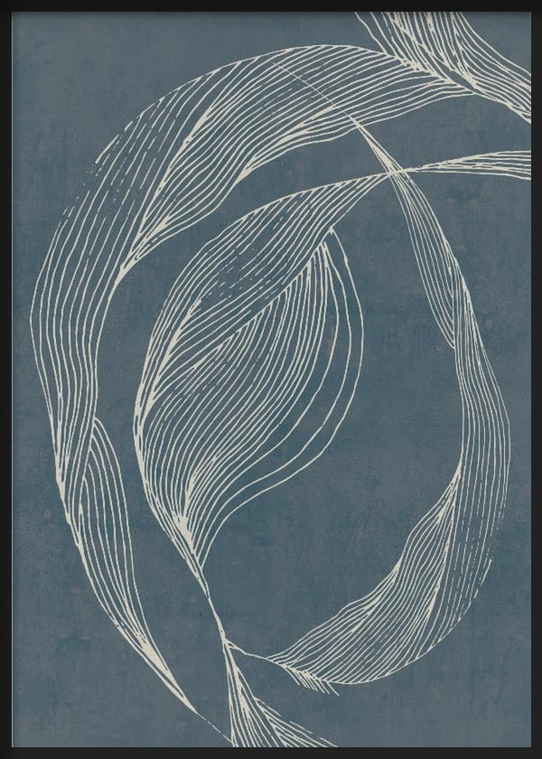 Cuadro con formas orgánicas de líneas curvas marfil sobre fondo azul grisáceo, composición fluida de estilo abstracto. Disponible en kudeko.com