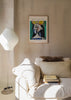 Cuadro decorativo de estilo abstracto y colorido colocado en salón, retrato abstracto de mujer sentada, modelo Bust of a seated Woman