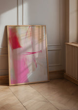Tableau abstrait dans des tons fuchsia et rose sur fond clair, style décoratif moderne. Disponible sur kudeko.com