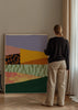 Cuadro decorativo de estilo abstracto y minimalista colocado en salón, collage abstracto minimalista en tonos cálidos y orgánicos, modelo Collage abstract minimalism