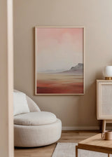 Cuadro decorativo de estilo abstracto y minimalista colocado en salón, paisaje en acuarela de atardecer desértico, modelo Paisaje Watercolor Atardecer II