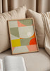 Tableau avec demi-cercles et blocs géométriques en crème, vert sauge, corail, orange, rouge et jaune, dans un style géométrique rétro contemporain. Disponible sur kudeko.com