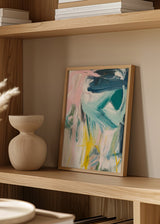 Cuadro decorativo de estilo abstracto y orgánico colocado en salón, pintura abstracta de pinceladas coloridas, modelo Colorful Strokes III