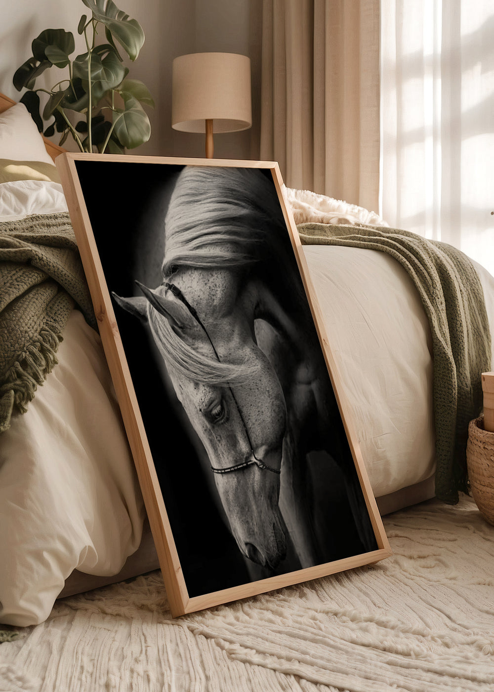 Wandbild mit weißem Pferd im Vordergrund, schwarzem Hintergrund, weicher Mähne, geneigtem Kopf, ruhigem Blick, Schwarz-Weiß-Stil und klarer, eleganter Wirkung. Erhältlich auf kudeko.com