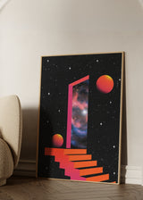 Surrealistisches Wandbild mit Treppe und kosmischem Tor vor einer Galaxie, dekorative Wirkung in tiefen Farbtönen. Erhältlich auf kudeko.com