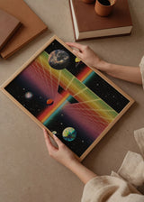 Cuadro decorativo de estilo colorido y abstracto colocado en salón, paisaje espacial geométrico con arcoíris, modelo Space Rainbow