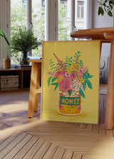 Cuadro decorativo de estilo colorido y ilustración colocado en cocina, ramo de flores en lata vintage de miel, modelo Flowers In a vintage Honey Can