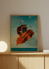 Cuadro decorativo de estilo colorido y ilustración colocado en salón, composición surrealista flotando sobre el mar, modelo Ego