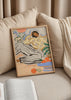 Cuadro decorativo de estilo colorido y ilustración colocado en salón, mujer descansando entre formas orgánicas y frutas, modelo Lazydays