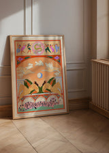 Cuadro decorativo de estilo colorido y ilustración colocado en salón, ilustración onírica de conejos y luna, modelo Rabbit Jumps Over the Moon