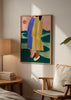 Farbiges Wandbild mit Illustration von zwei Frauen in gestreifter Kleidung in einer Landschaft mit roter Sonne, Design von Bea Muller. Erhältlich auf kudeko.com