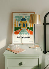 Cuadro decorativo de estilo colorido y ilustración colocado en salón, Ilustración colorida del Taj Mahal con flores, modelo Taj Mahal