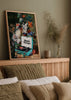 Tableau pop art avec fleurs baroques et platine vinyle vintage « Music Escape », style décoratif aux tons contrastés. Disponible sur kudeko.com