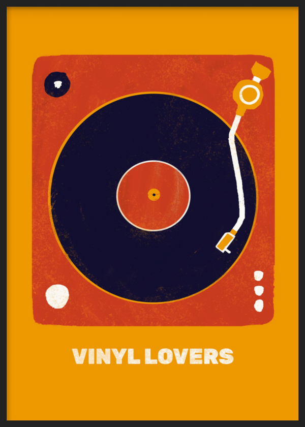 Quadro decorativo emoldurado a preto e branco, estilo minimalista, com gira-discos retro para amantes de vinil, modelo Vinyl lovers. Disponível em kudeko.com