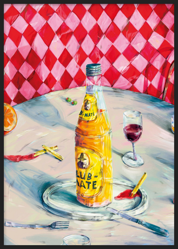 Cuadro decorativo con marco de estilo colorido y abstracto, bodegón vibrante de mesa con botella y copa, modelo Vibrant Table Still Life