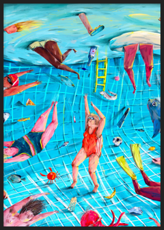 Cuadro decorativo con marco de estilo colorido y minimalista, escena surrealista y divertida bajo el agua en una piscina, modelo Surreal Pool Fun