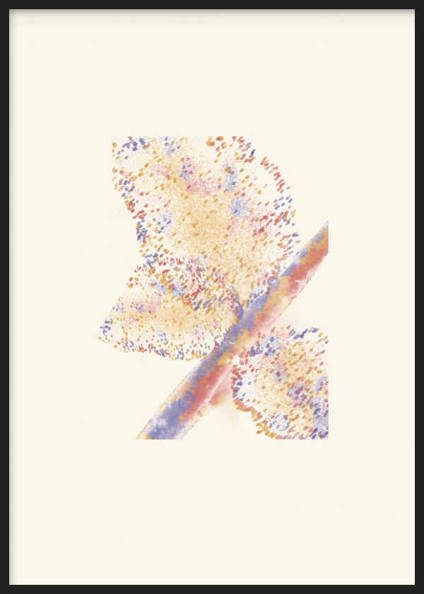 Wandbild mit Rahmen im minimalistischen und abstrakten Stil, abstrakte Komposition in Pastelltönen mit Aquarell-Effekt, Modell Hoja Fragmentada. Erhältlich auf kudeko.com