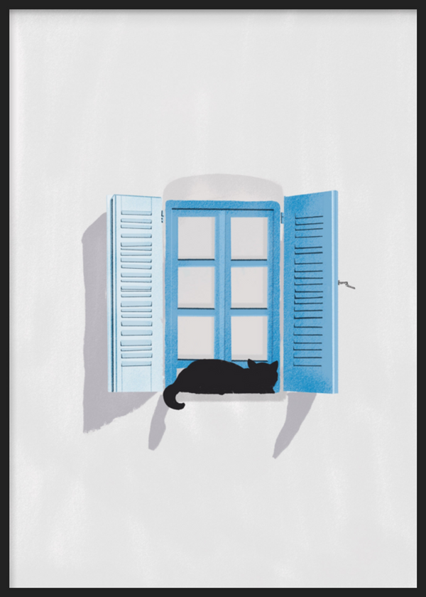 Cuadro decorativo con marco de estilo minimalista y blanco_y_negro, gato negro en ventana azul, modelo Gato en la ventana