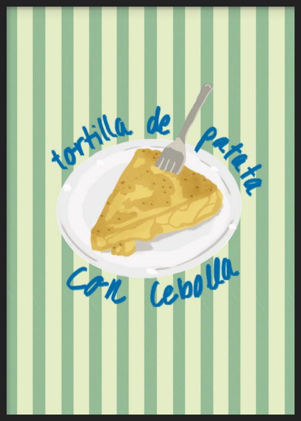 Quadro decorativo com moldura de estilo minimalista a preto e branco, ilustração gastronómica de tortilha de batata com cebola, modelo Tortilla de patatas con cebolla. Disponível em kudeko.com
