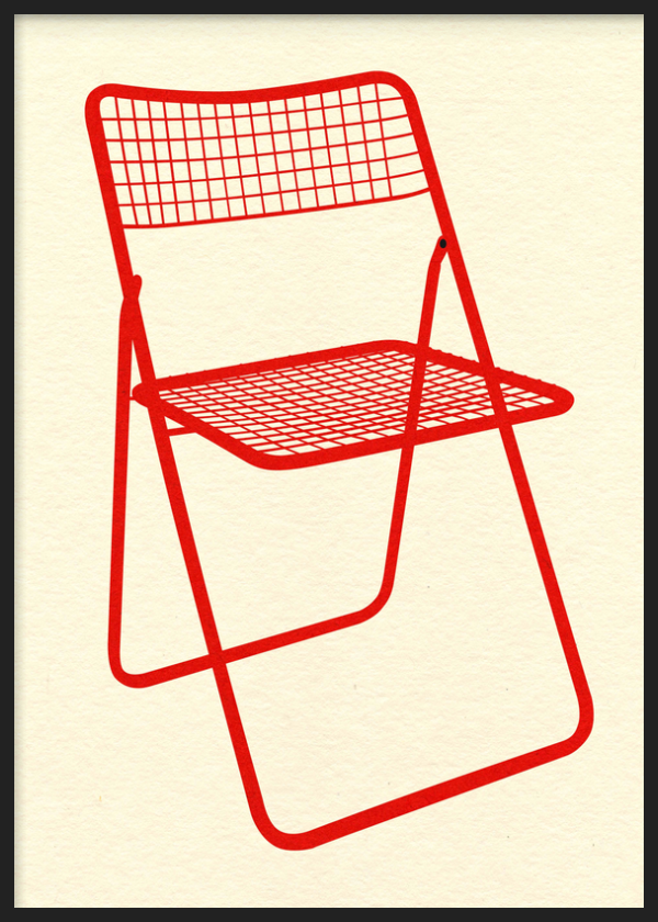 Dekoratives Wandbild mit Rahmen im minimalistischen und geometrischen Stil, roter minimalistischer Stuhl, Modell Ted Net Chair Red. Erhältlich auf kudeko.com