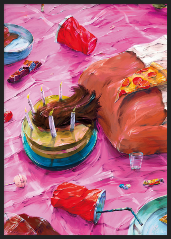 Cuadro decorativo con marco de estilo minimalista y ilustración, escena surrealista de resaca de cumpleaños, modelo Birthday Indulgence Nap